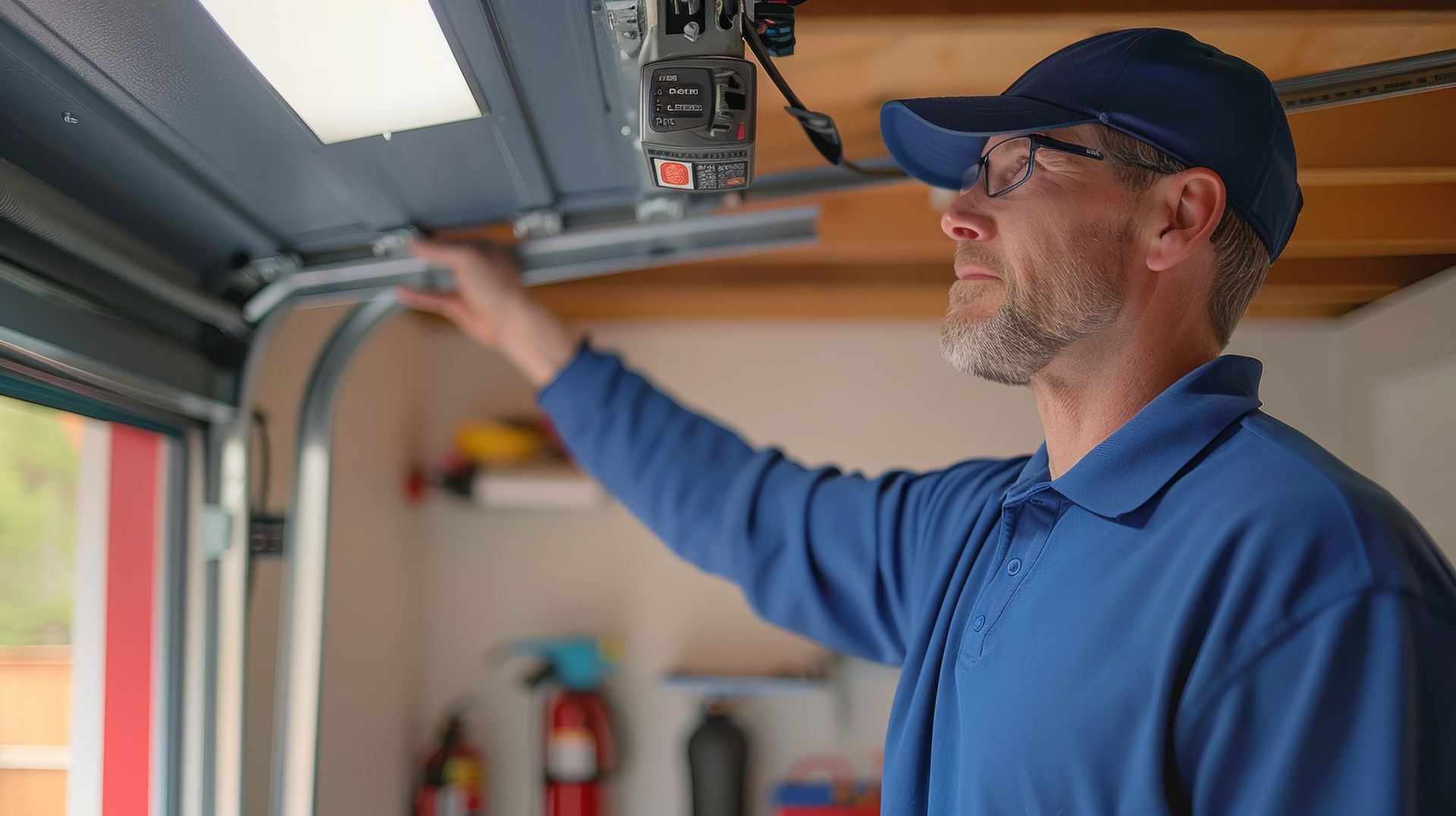 A technician is performing garage door motor work by inspecting the opener and tracks in a garage. A technician is performing garage door motor work by inspecting the opener and tracks in a garage.