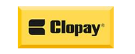 Clopay logo, black text and symbol on yellow rectangle.