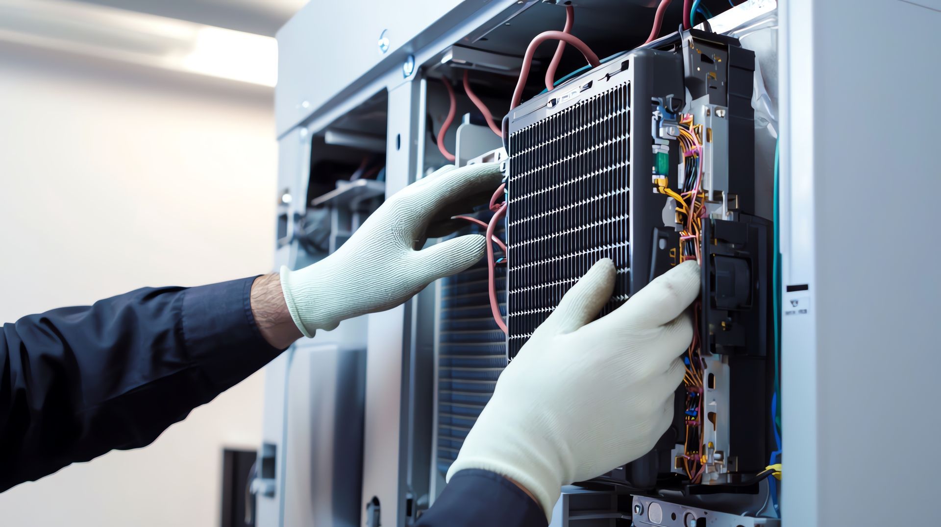 Gloved hands adjusting wiring inside an open server rack in a data center