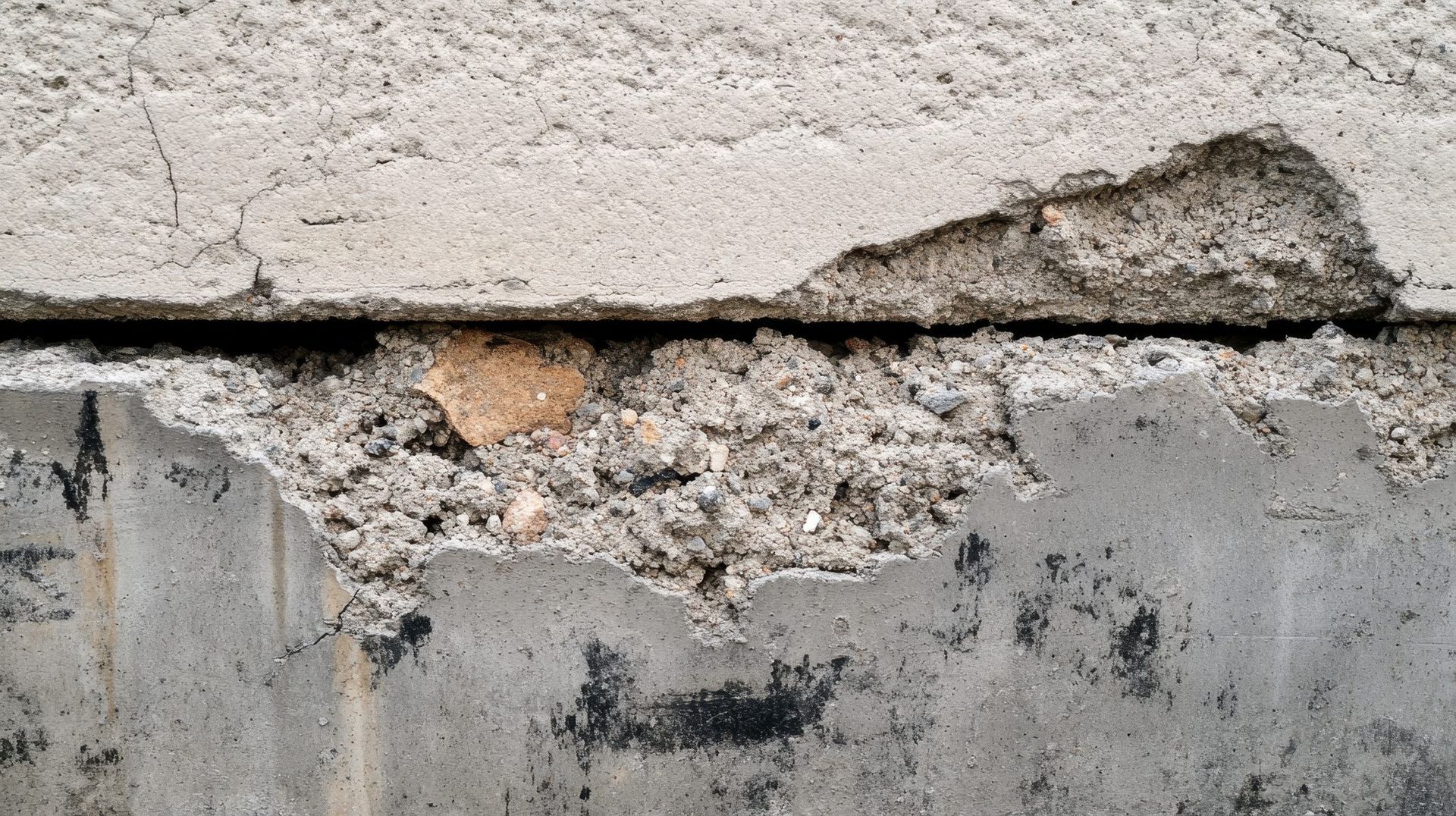 Crumbling concrete wall with exposed rough masonry and peeling white plaster