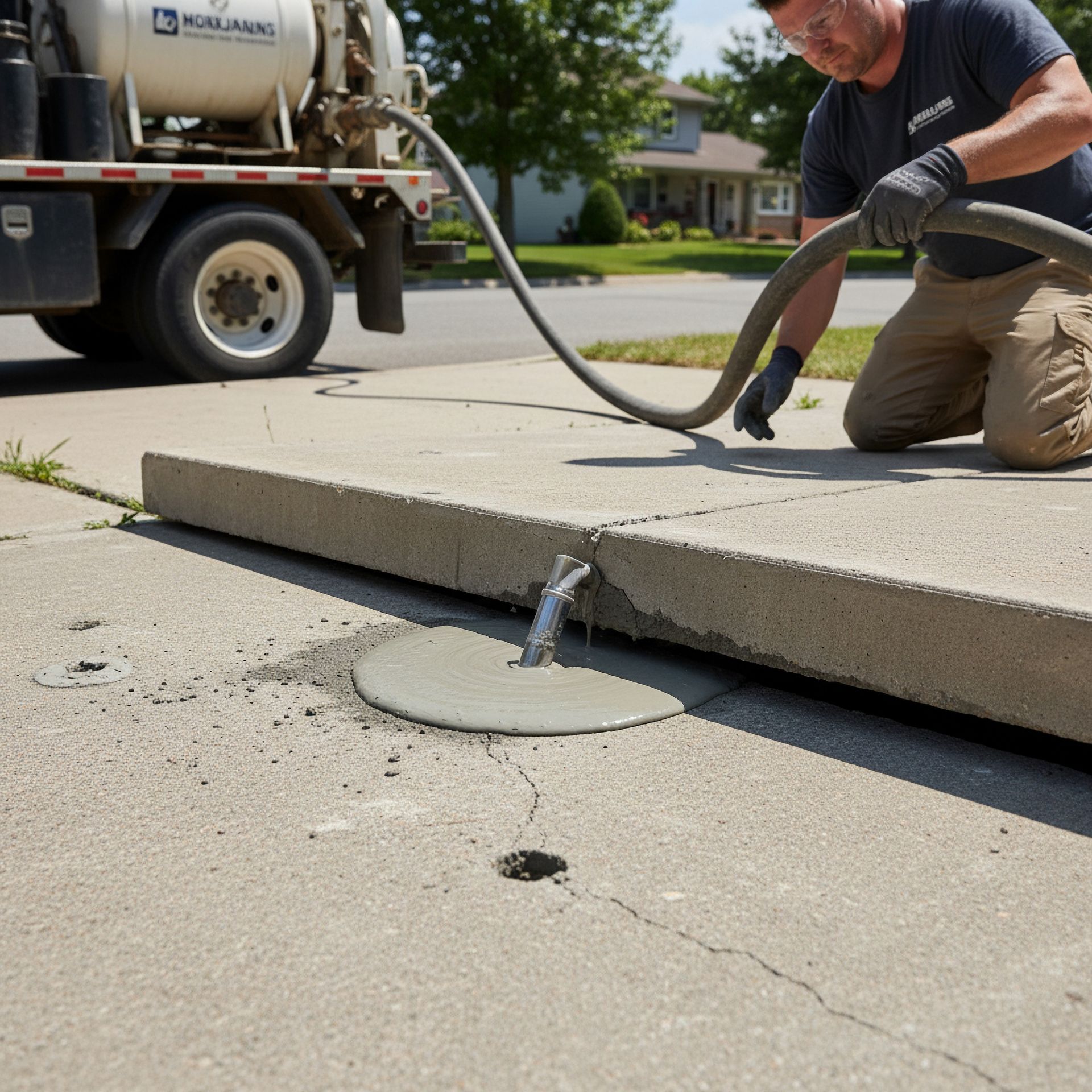 Worker repairing a concrete slab with a vacuum hose and wet slurry on a residential driveway.