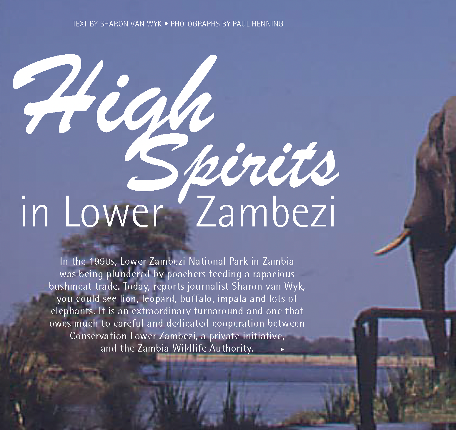 Cover with elephant by river and title “High Spirits in Lower Zambezi”