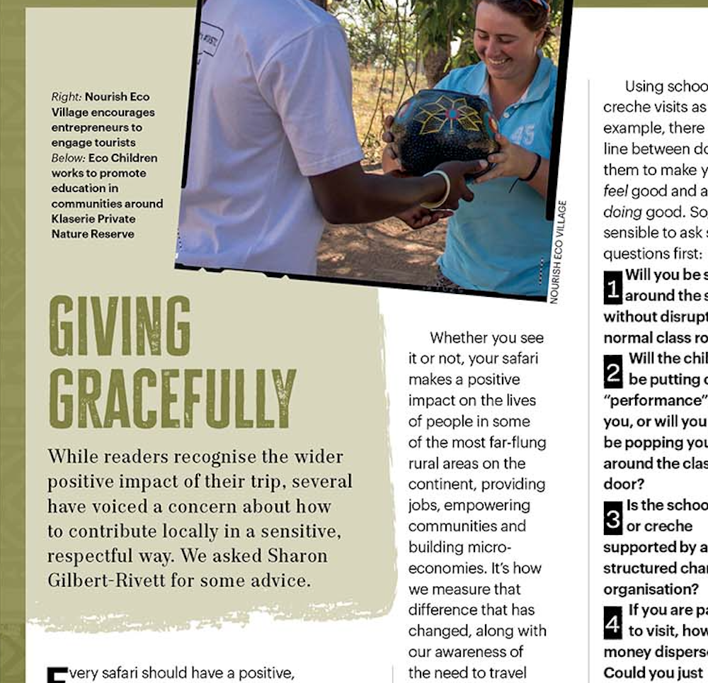 Magazine page titled “Giving Gracefully” with a photo of people exchanging a box at an event.