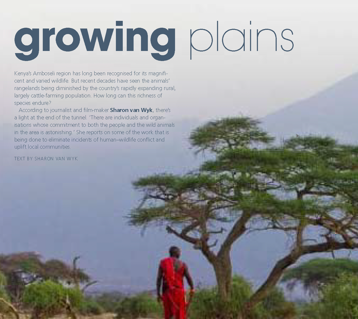 Promotional poster with “growing plains” text, showing a red-clad person under a lone tree in a grassy savanna.