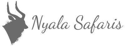 Nyala Safaris logo with a gray antelope silhouette and cursive text on a white background