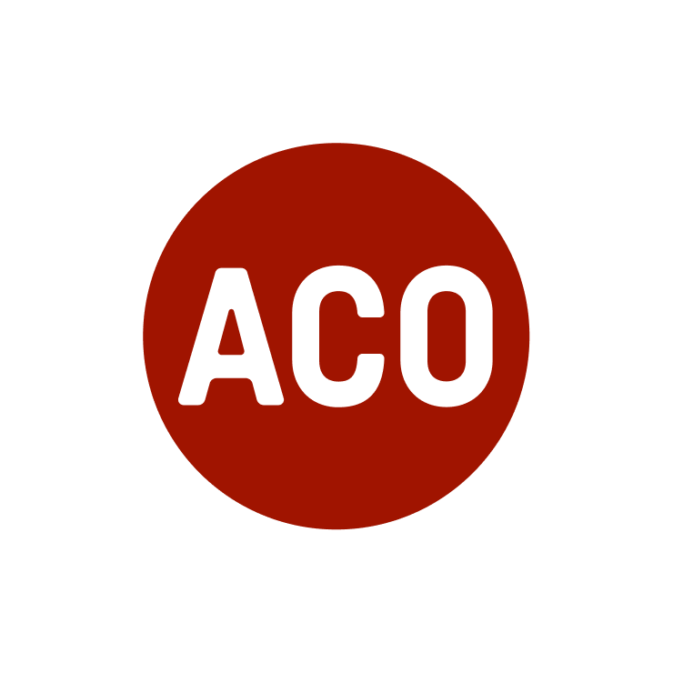 A red circle with the word aco in white letters