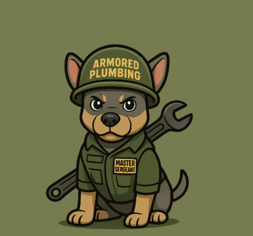 Cartoon dog in military uniform wearing a helmet that says 