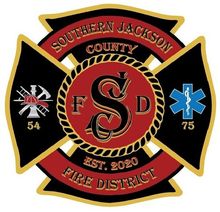 Southern Jackson County Fire District emblem with red, black, and gold Maltese cross and medical symbols