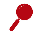 Red magnifying glass icon on a white background