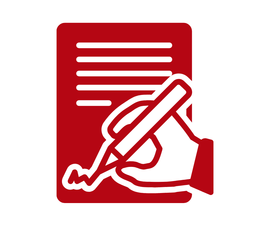 Red form icon with a hand writing on a document