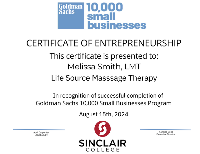 Goldman Sachs 10,000 Small Businesses certificate awarded to Melissa Smith, LMT of Life Source Massage Therapy, Aug 2024.