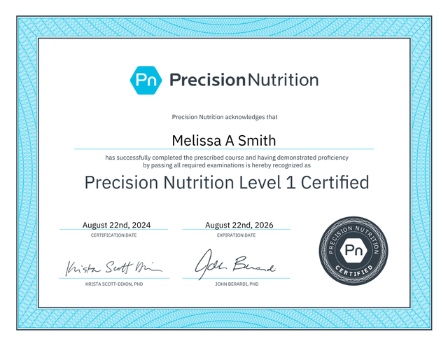 A Precision Nutrition Level 1 certificate issued to Melissa A. Smith, dated August 22, 2024.
