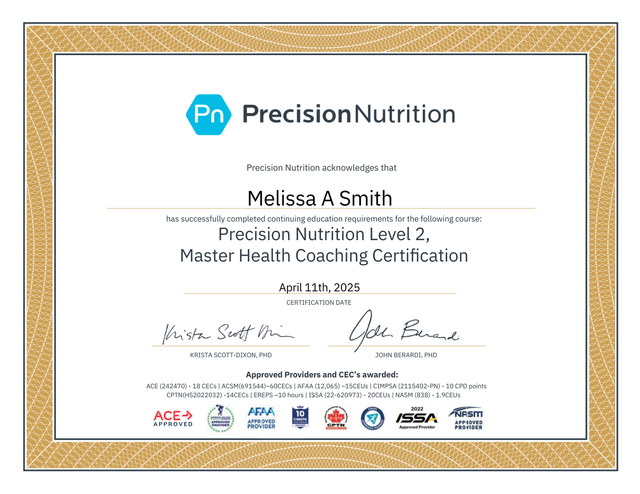 Precision Nutrition Level 2 Master Health Coaching Certification awarded to Melissa A. Smith on July 11, 2024.