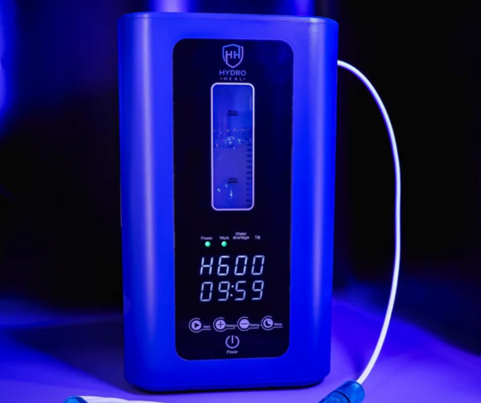 A blue Hydro Health hydrogen water generator with a digital display showing 