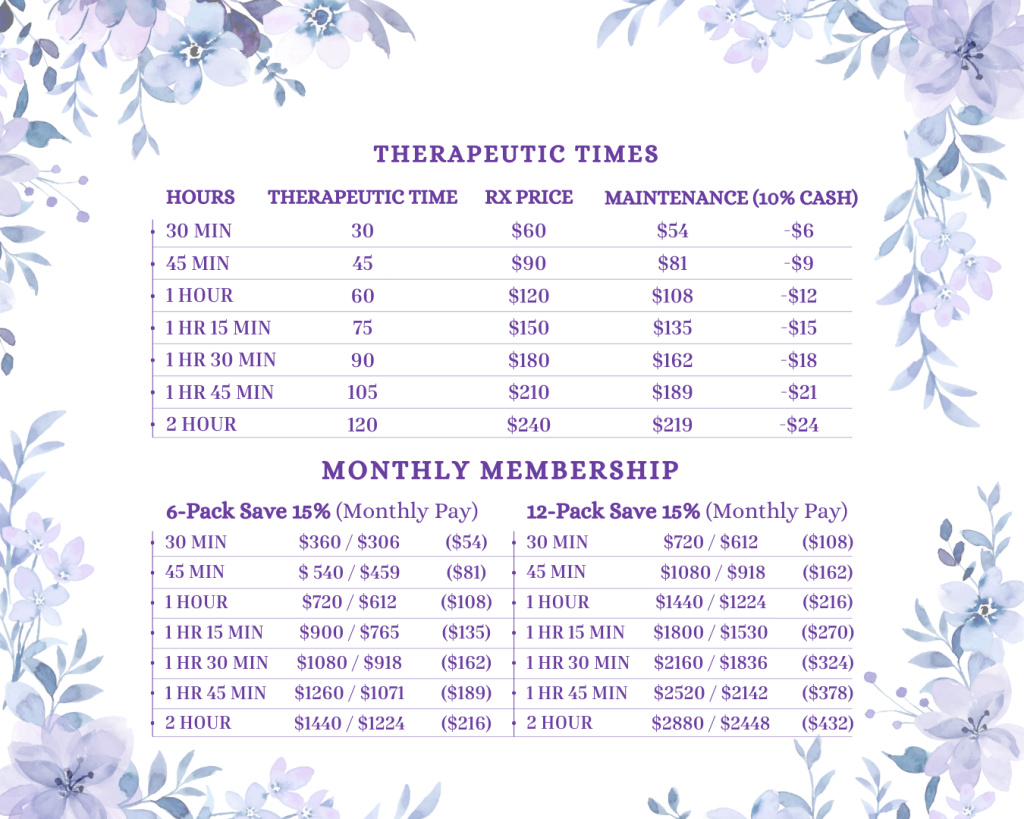 A pricing menu for therapeutic services and monthly memberships with floral borders on a white background.