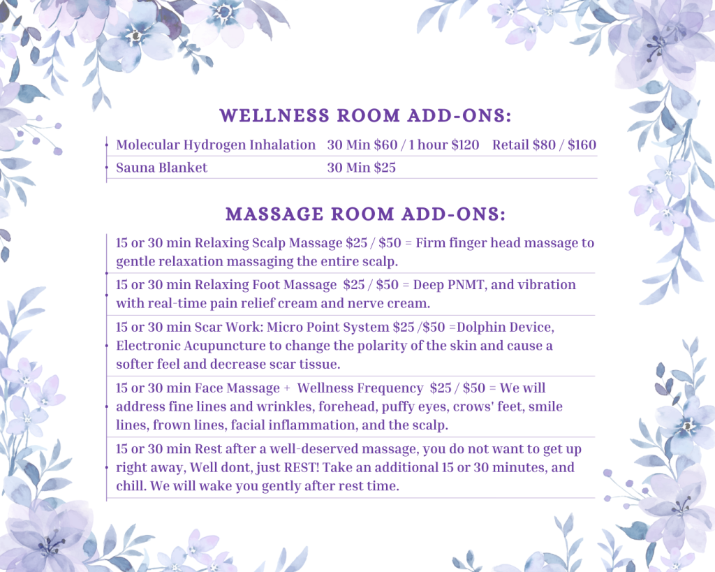 A menu of wellness and massage room add-on services and prices, framed by purple floral illustrations on a white background.