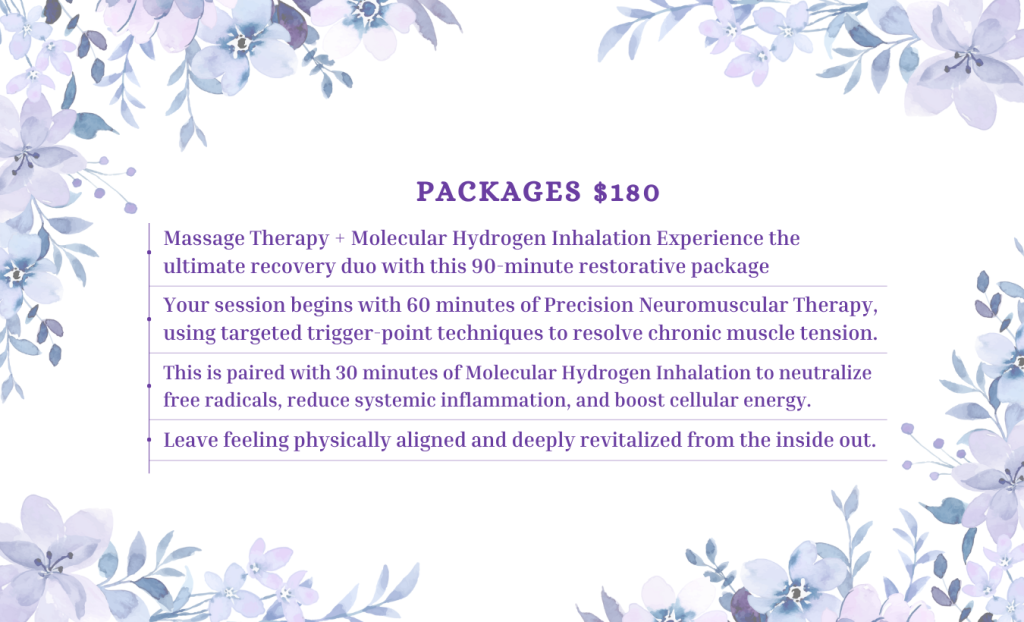 A light purple floral border frames a $180 massage and molecular hydrogen inhalation package description.