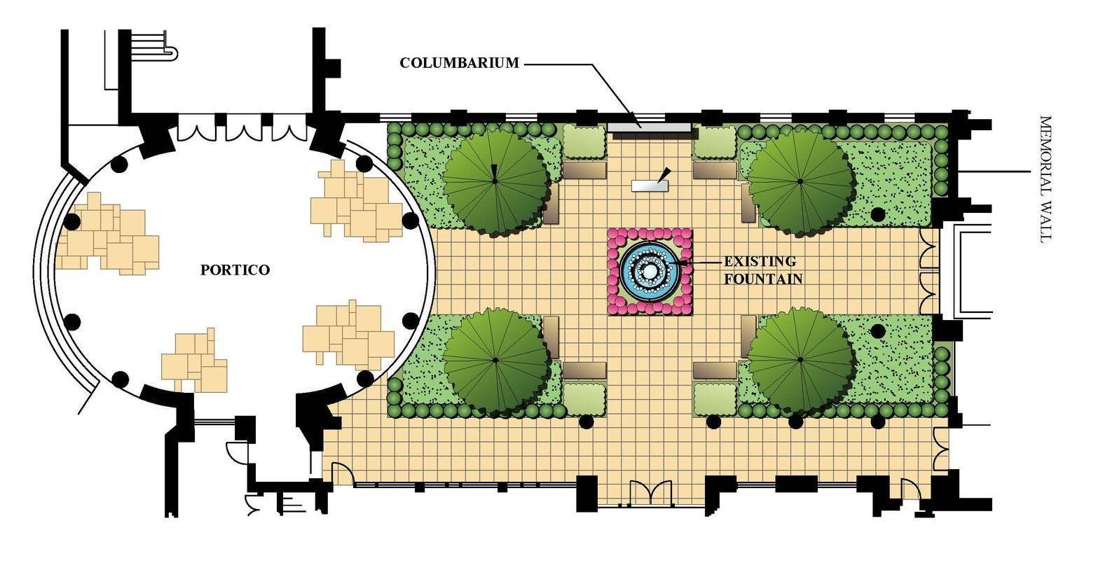 Architectural floor plan of a courtyard with four trees, fountain, and seating areas.