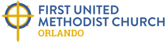 Logo of First United Methodist Church Orlando, featuring a cross-shaped emblem and text.