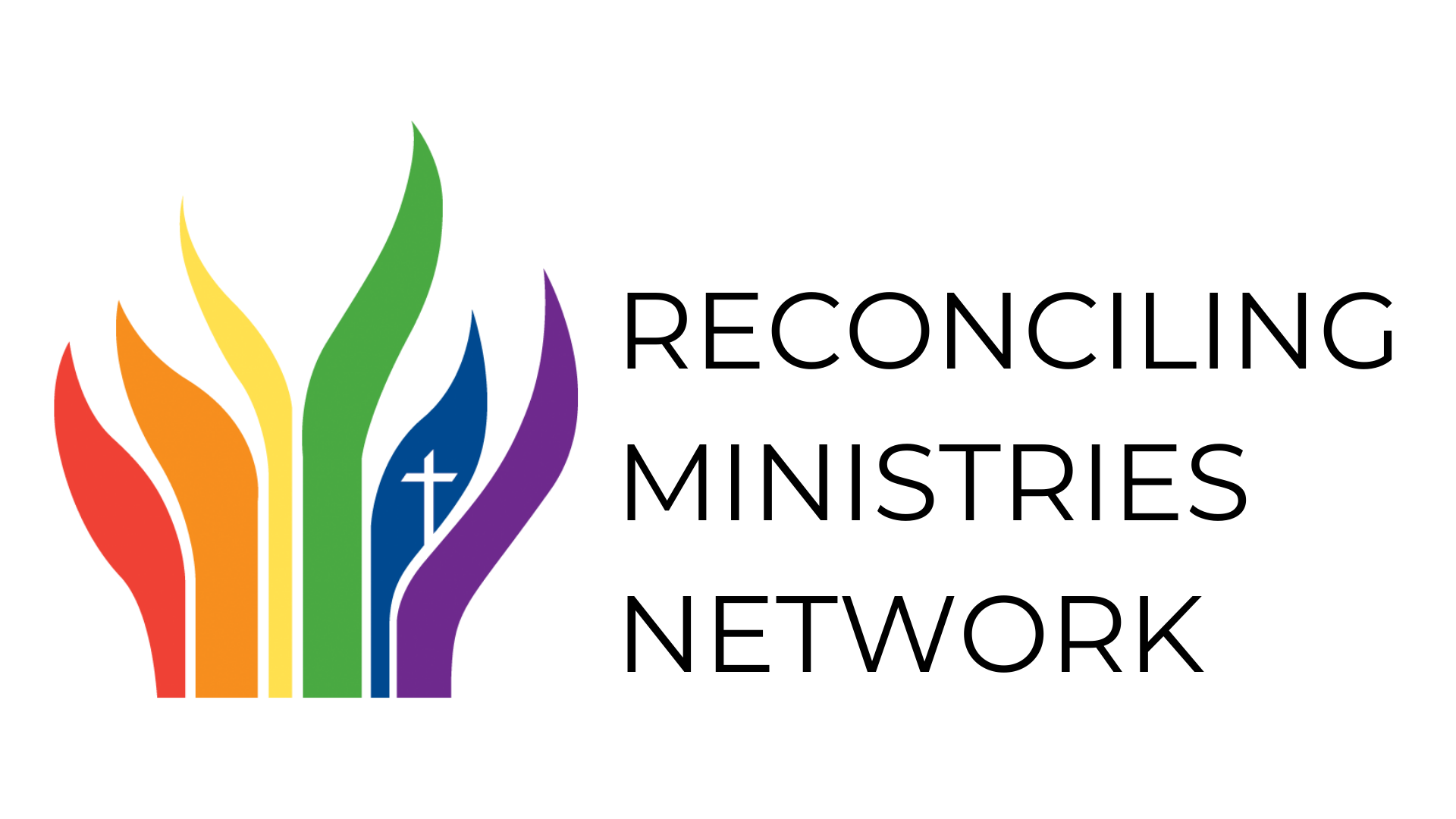 Rainbow flame logo with cross, 