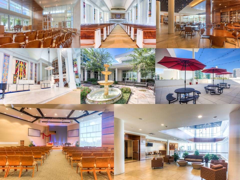 Collage of various church interior and exterior views, including sanctuary, courtyards, and seating areas.