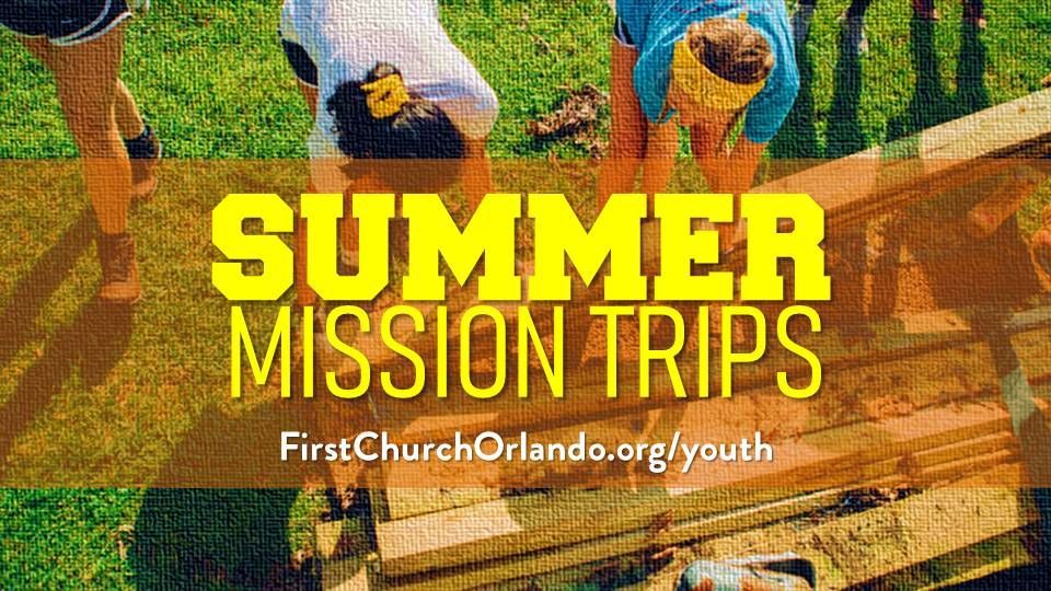 Summer mission trips banner: People working outdoors on wooden structure, text 