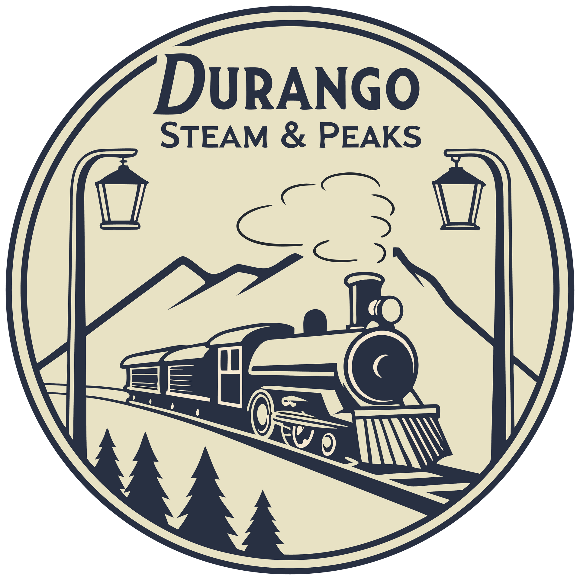 Durango Steam & Peaks logo with vintage steam train, mountains, trees, and lanterns in a circular badge