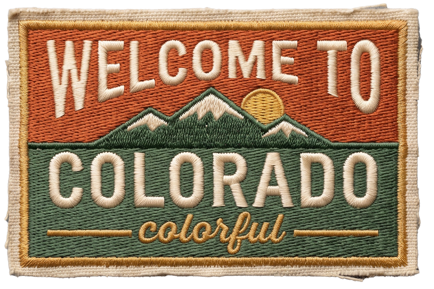 Welcome to Colorado sign with mountains, sun, and the word “colorful” on a woven patch
