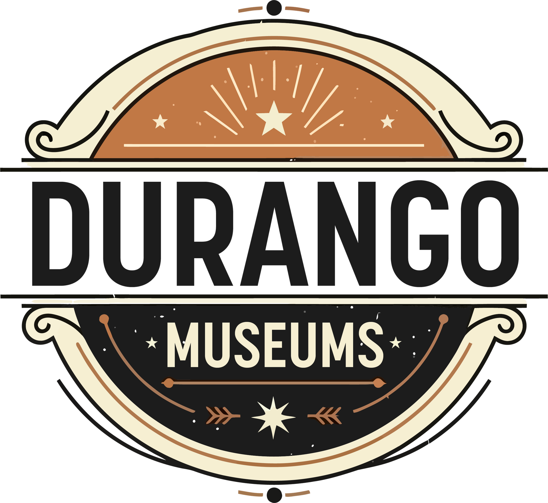 Durango Museums logo with tan, black, and orange circular emblem and vintage sunburst design