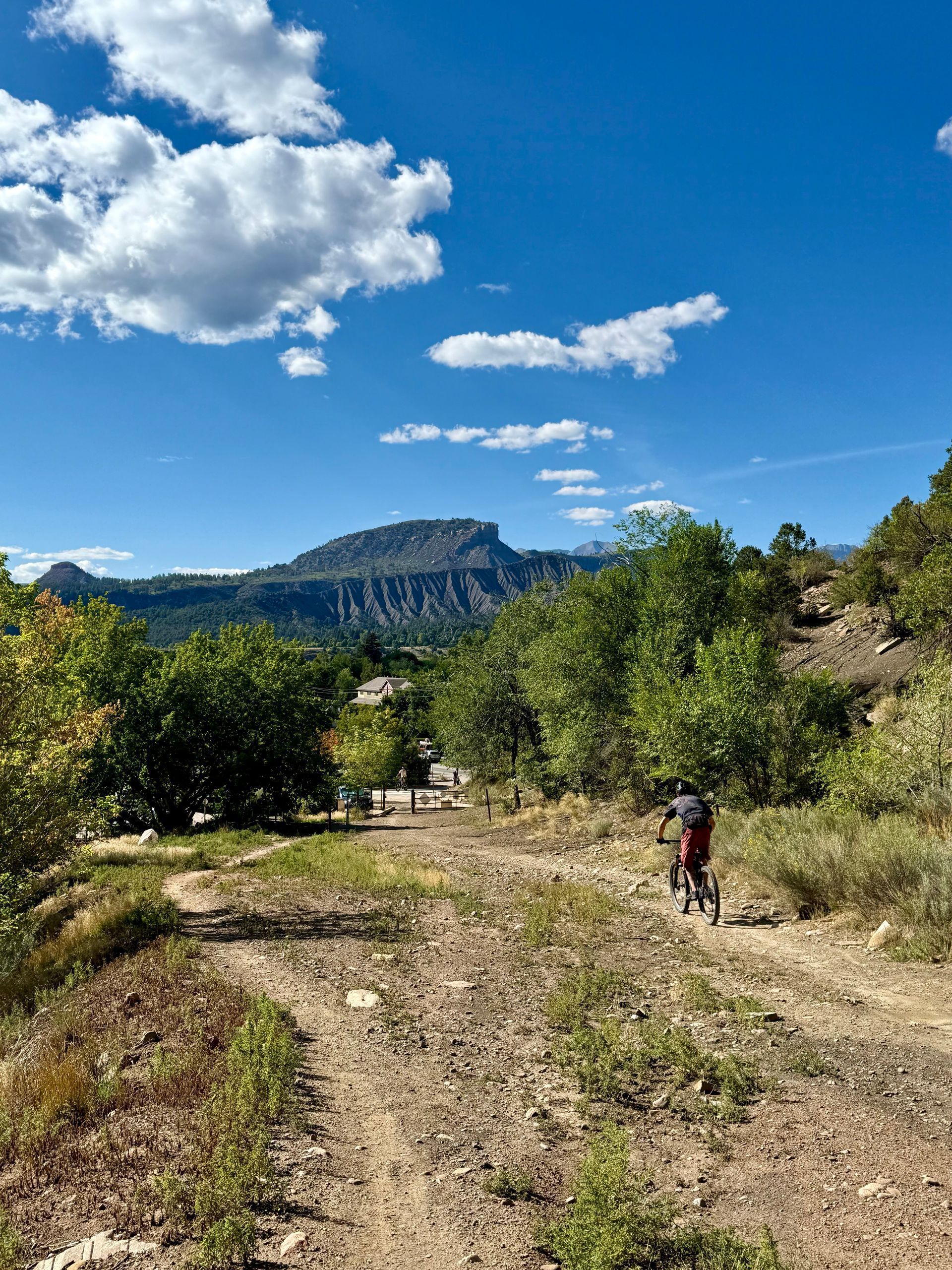 Rocky dirt trail through green hills under a bright blue sky, with a cyclist on the right.