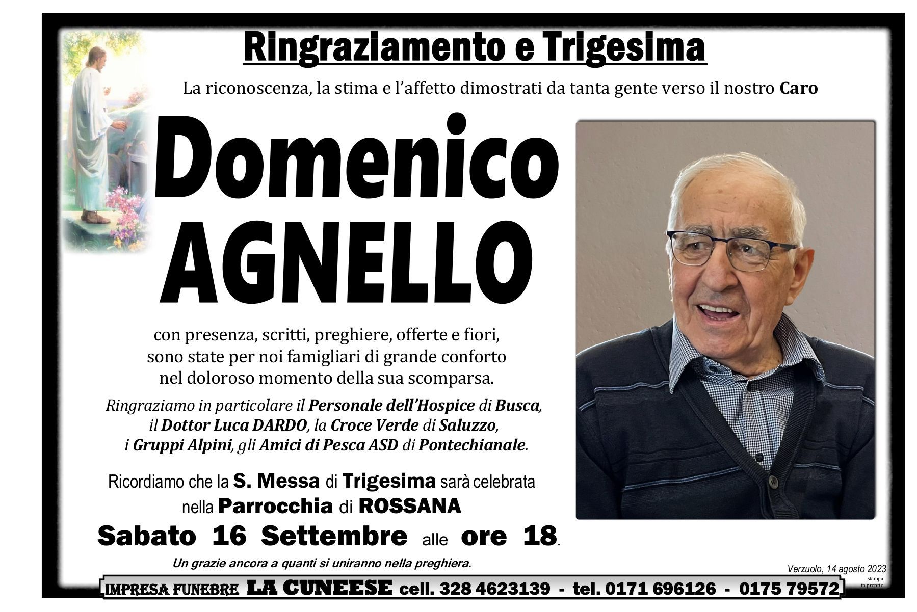 Avviso commemorativo per Domenico Agnello. Testo, foto di un uomo anziano, data e ora della messa.