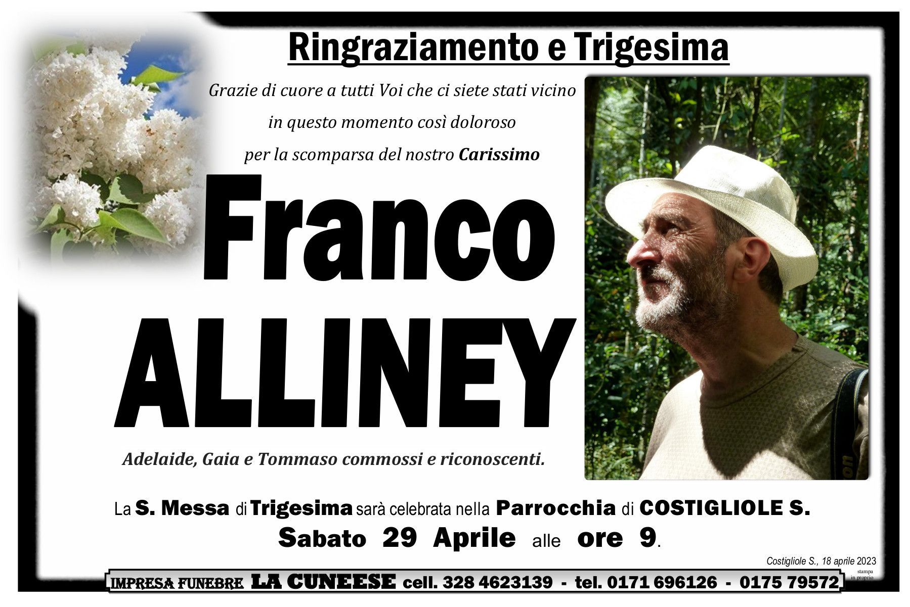 Annuncio commemorativo per Franco Alliney, con foto, fiori e dettagli per la cerimonia.