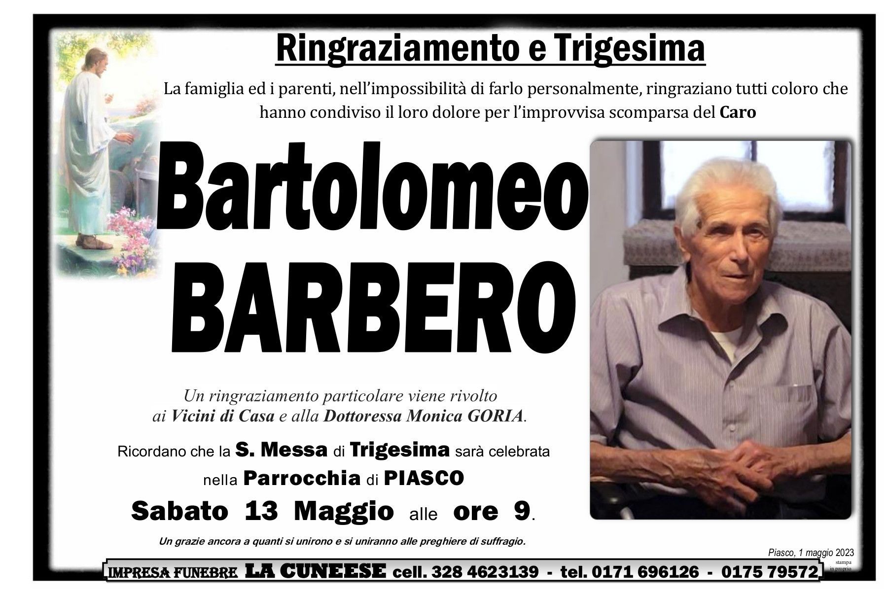 Necrologio di Bartolomeo Barbero. Include foto, data/ora del funerale e luogo.