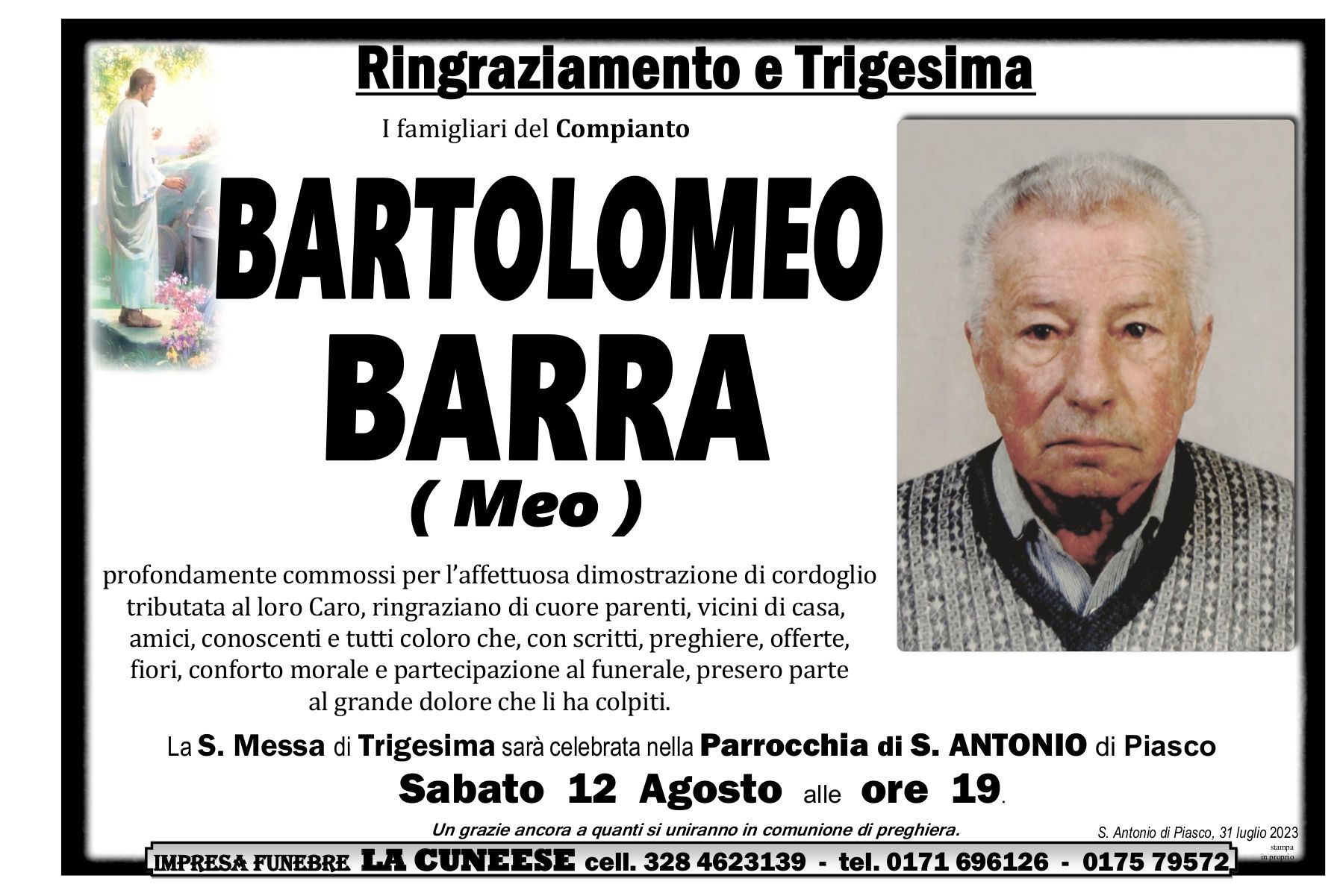 Necrologio di Bartolomeo Barra (Meo). Foto del defunto e dettagli sulla cerimonia funebre.
