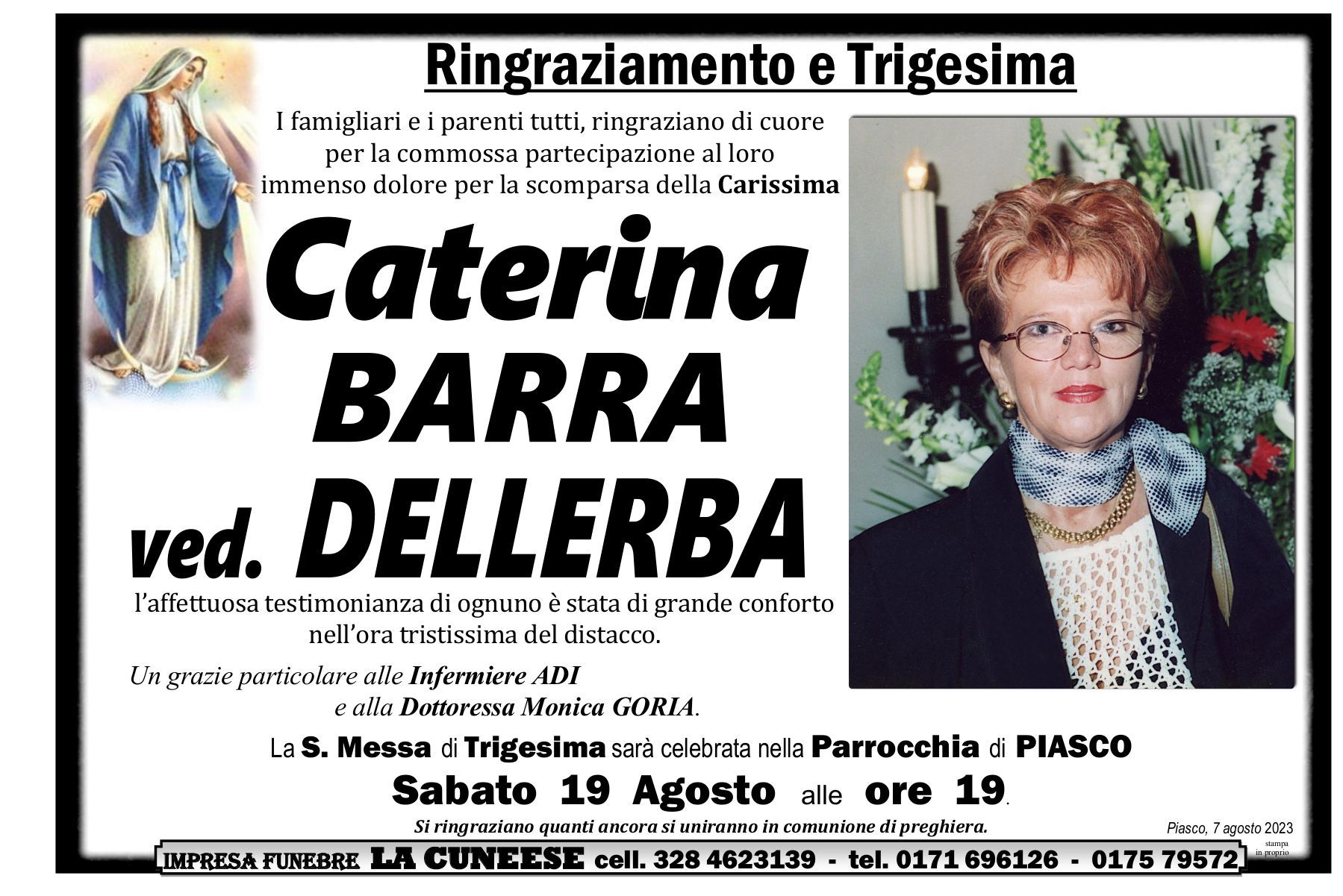 Commemorazione di Caterina Barra, con la sua foto, i dettagli dell'annuncio e una preghiera per la defunta.