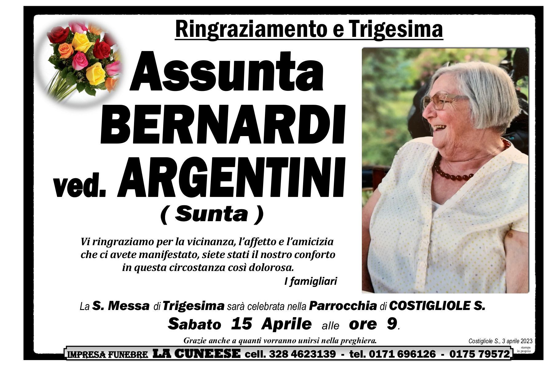 Necrologio di Assunta Bernardi, con foto, fiori e dettagli sulla cerimonia.