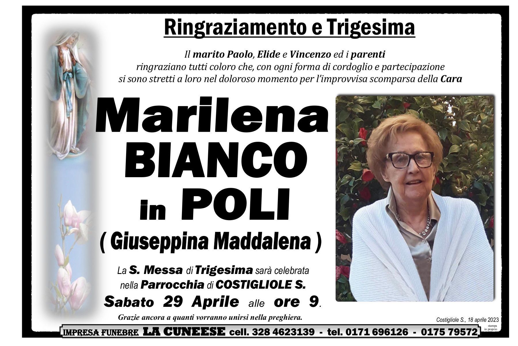 Annuncio commemorativo per Marilena Bianco a Poli. Include foto, data, ora e luogo della cerimonia commemorativa.