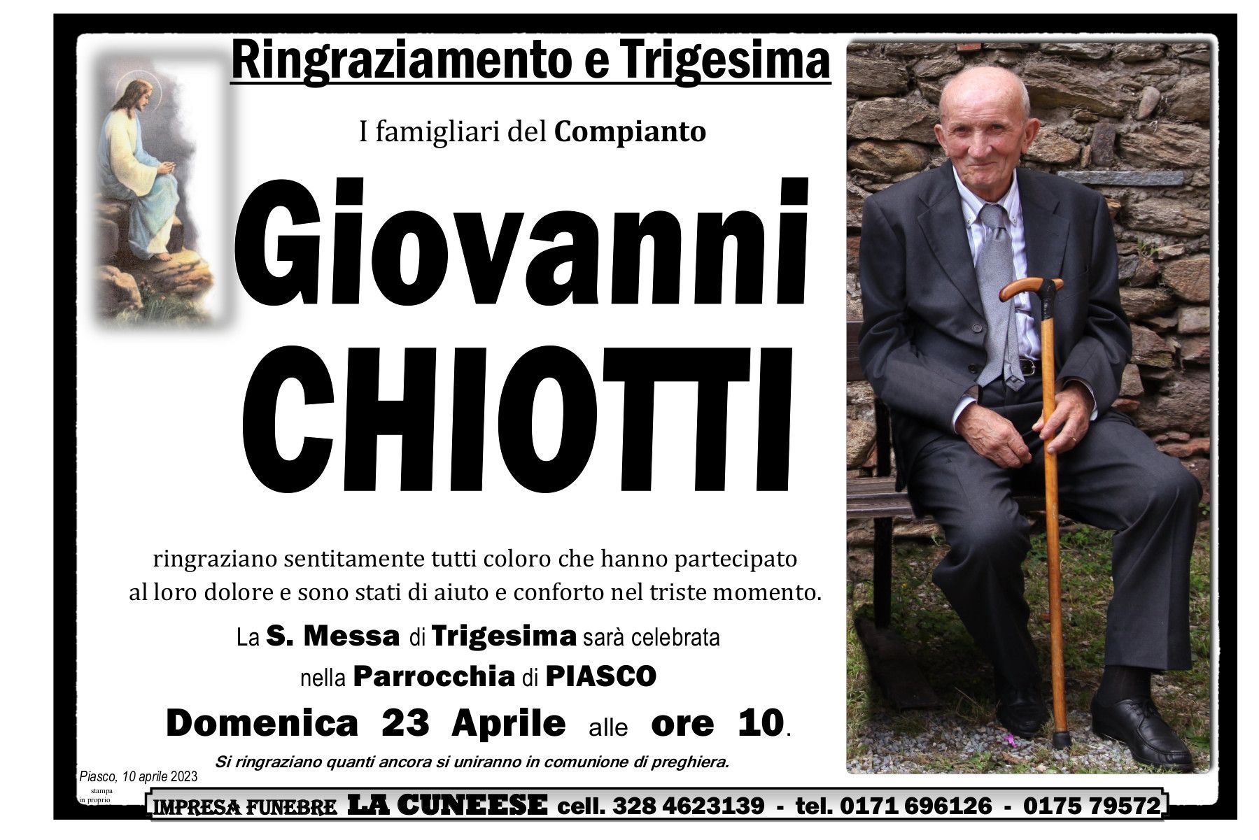 Necrologio: Giovanni Chiotti. Annuncia una messa di suffragio a Plasco il 23 aprile alle ore 10.00. Foto del defunto.