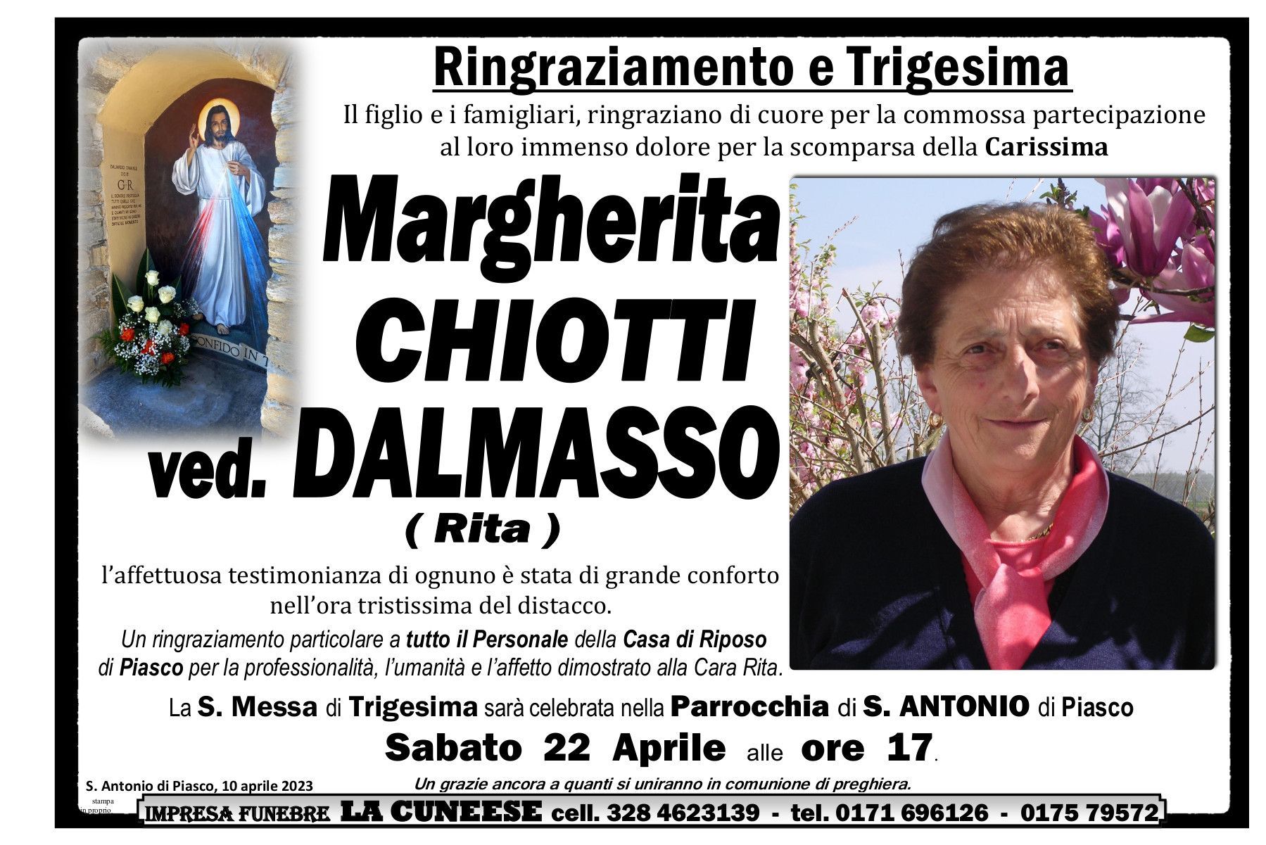 Necrologio di Margherita Chiotti, con foto. Include testo relativo alla messa in sua memoria.
