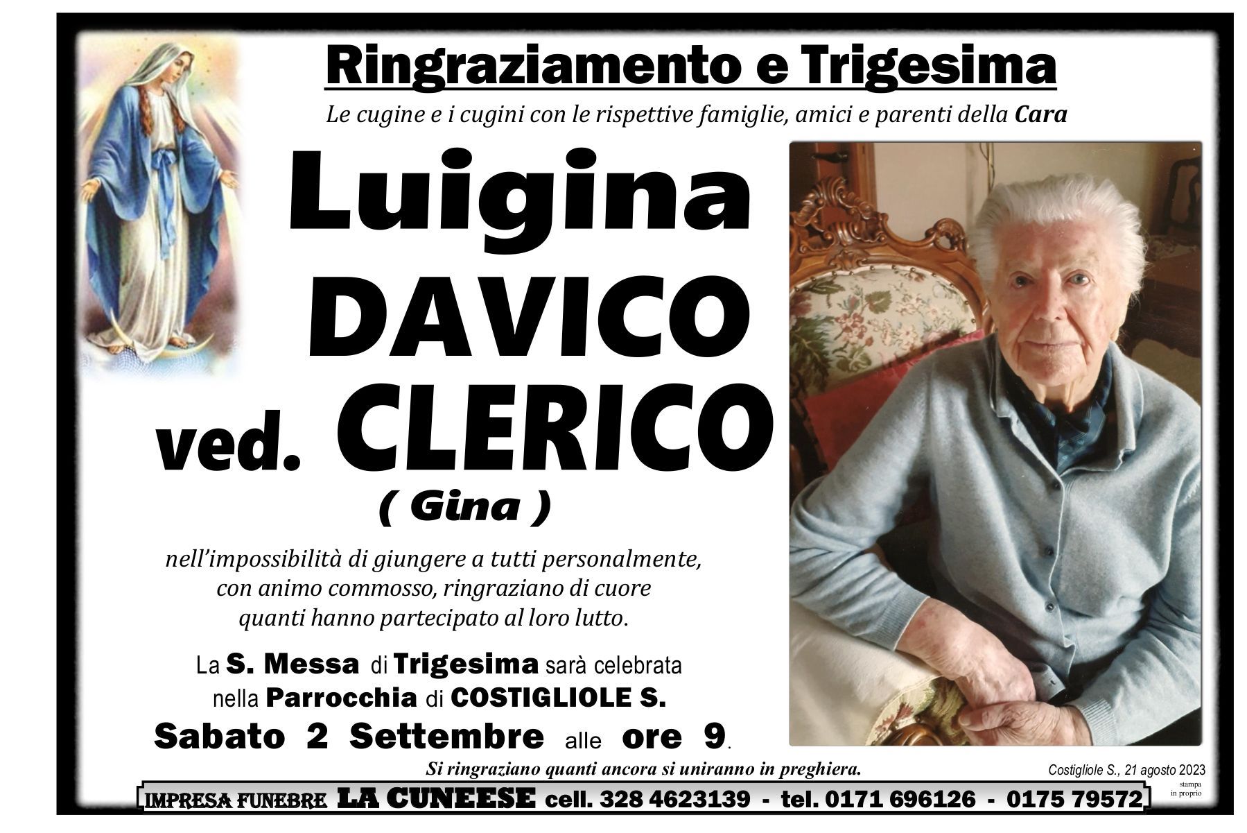 Necrologio di Luigina Davico Clerico, con foto, dettagli sulla messa trigesima e informazioni di contatto.
