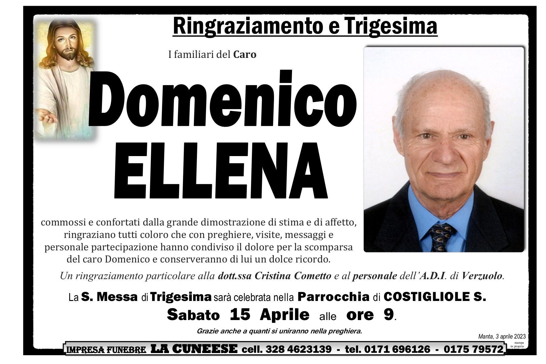 Annuncio commemorativo per Domenico Ellena, con foto, testo in italiano e dettagli sulla messa.