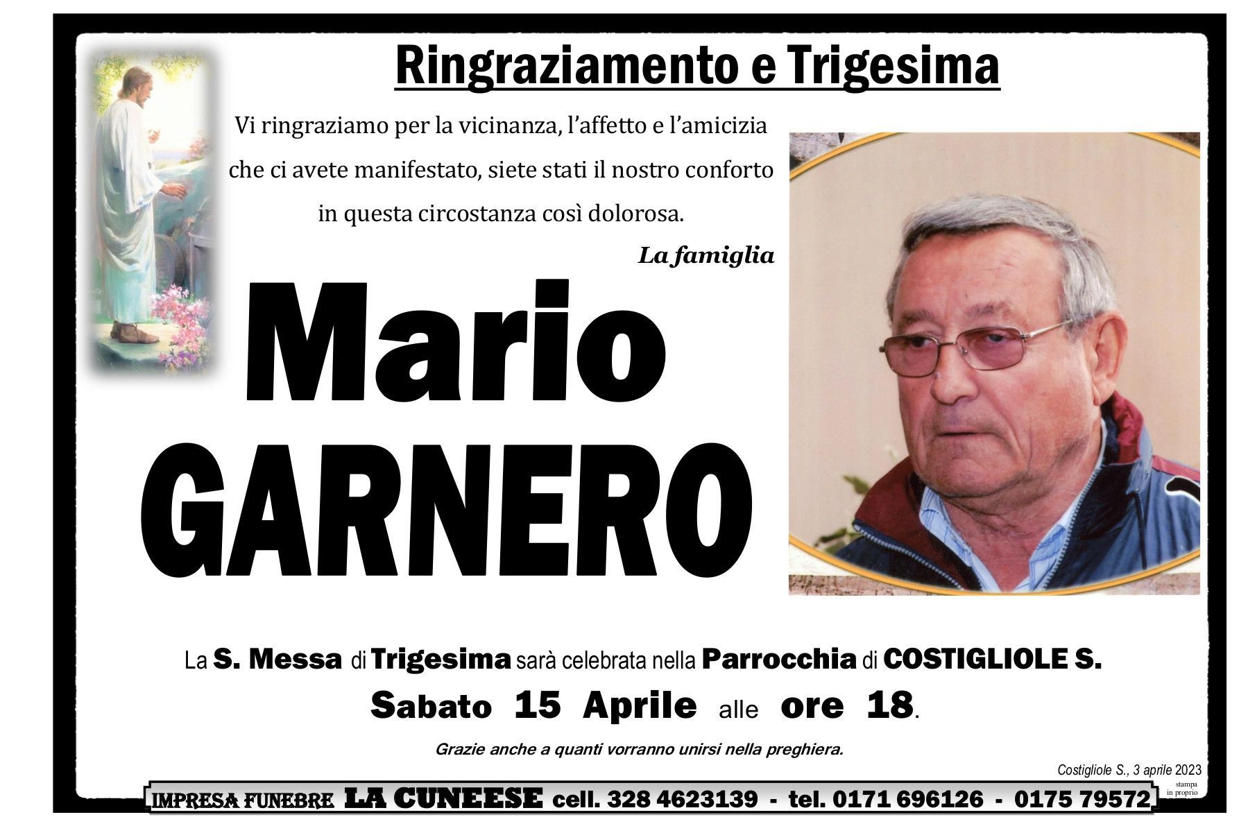 Necrologio di Mario Garnero: annuncio del suo funerale. Include foto, data e luogo.