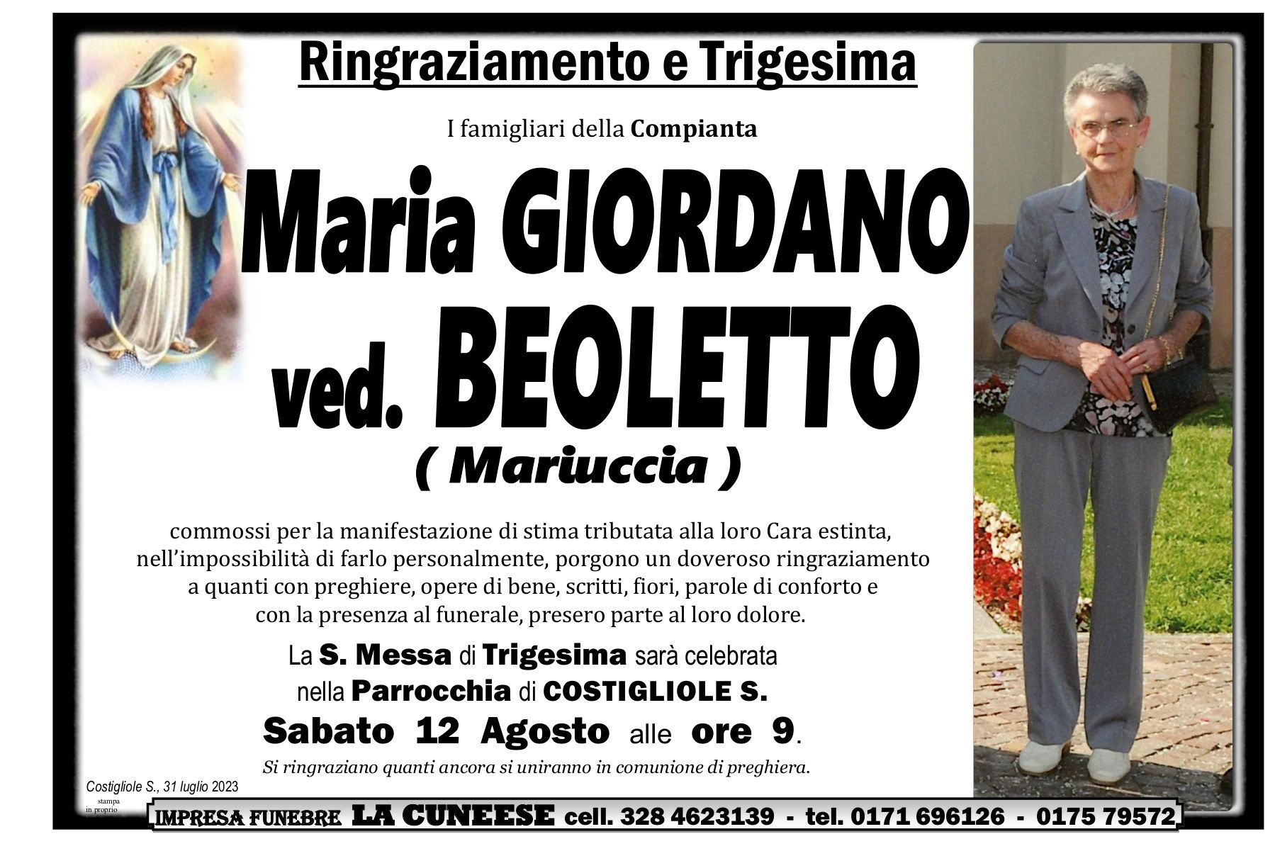 Annuncio commemorativo per Maria Giordano Beoletto, con testo e foto di una donna.