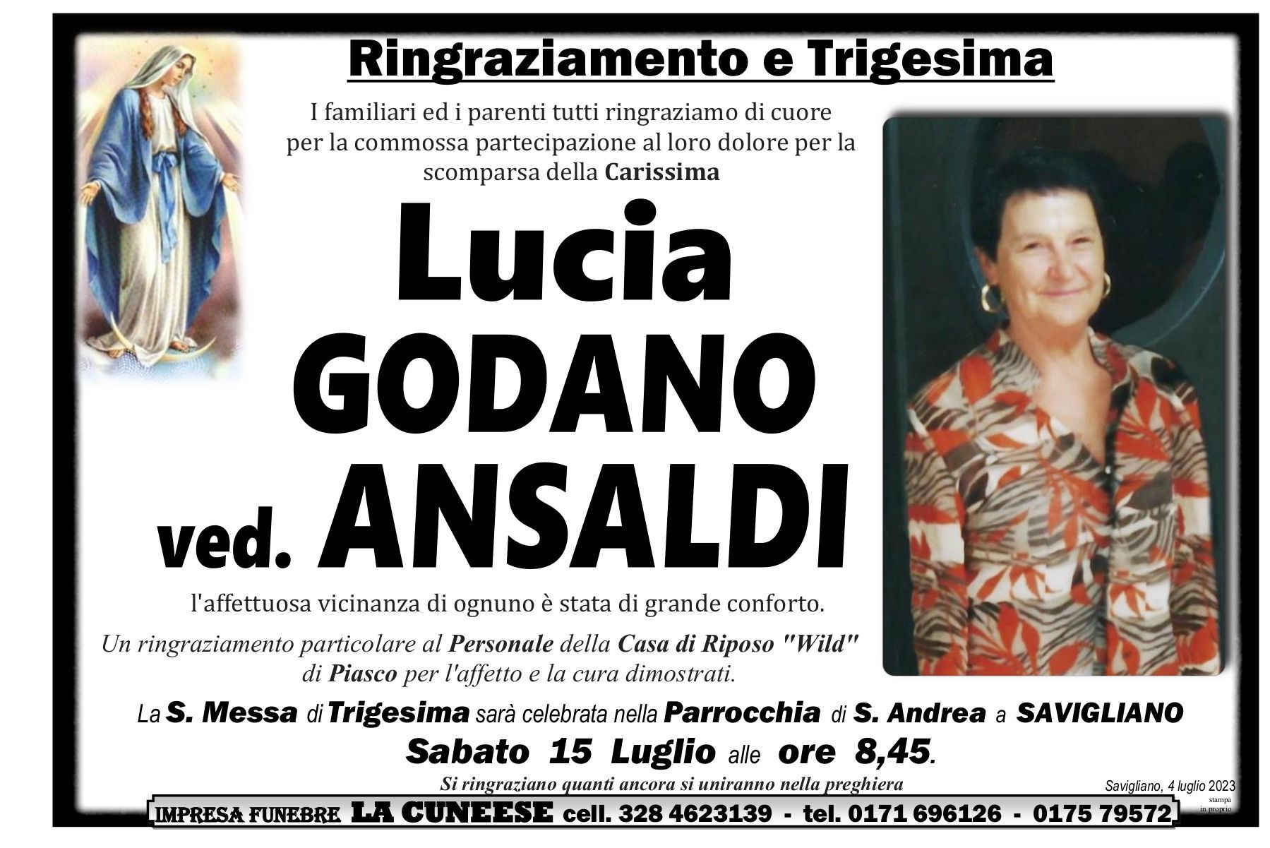 Annuncio del funerale: Lucia Godano, con dettagli sul luogo e l'ora della messa commemorativa.