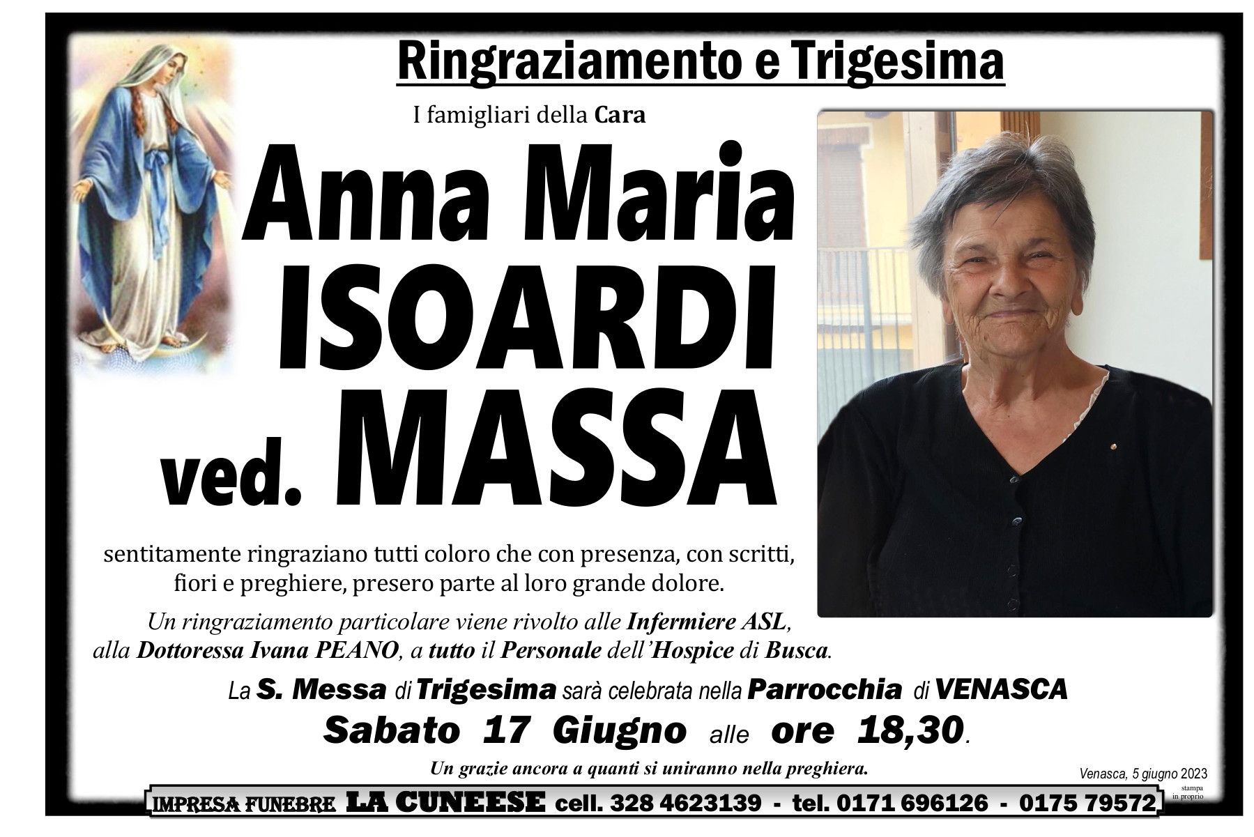 Necrologio di Anna Maria Massa; sua foto e annuncio di una cerimonia commemorativa a Venasca il 17 giugno.