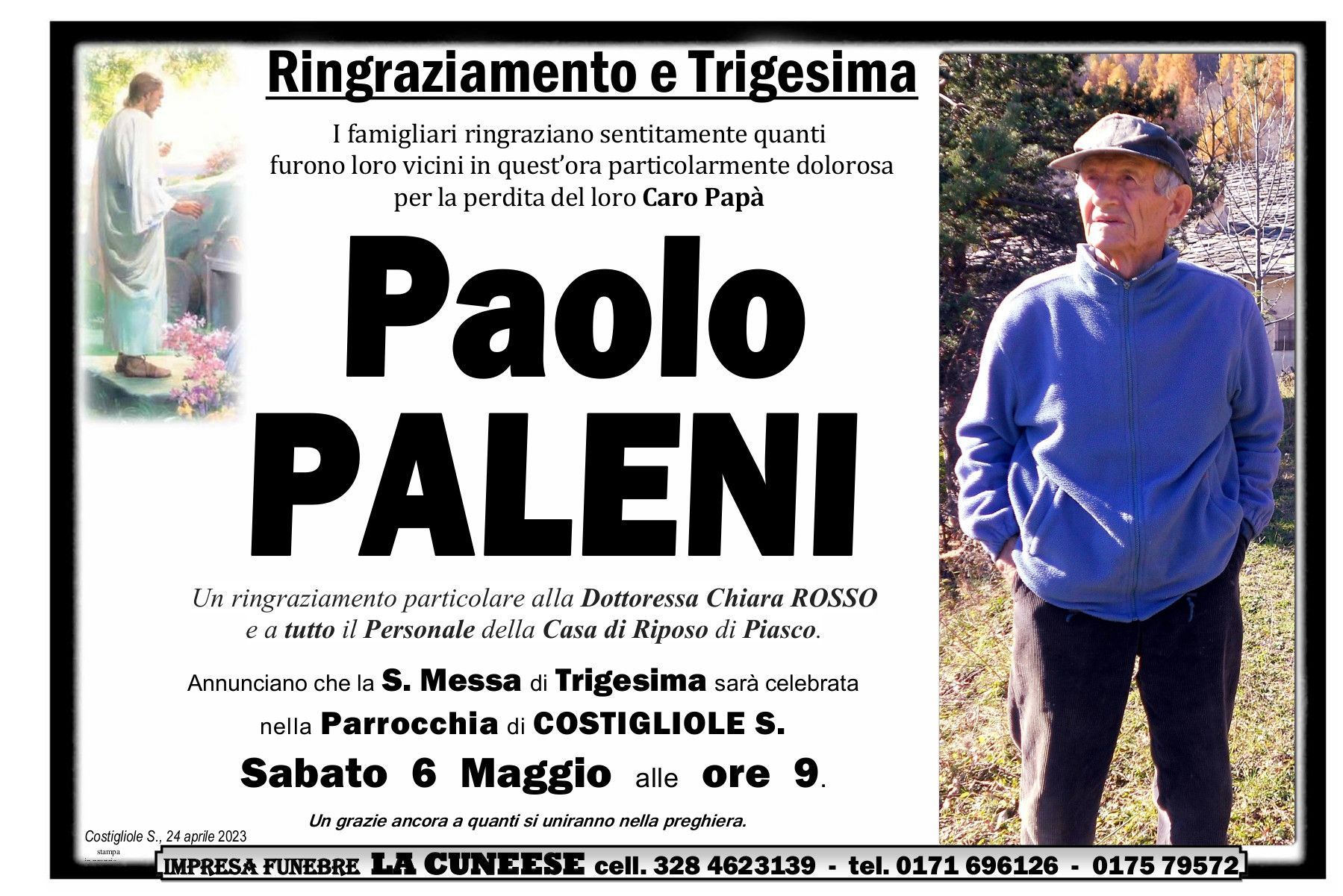 Annuncio di morte di Paolo Paleni. Include una sua foto, data, ora e luogo della cerimonia funebre.