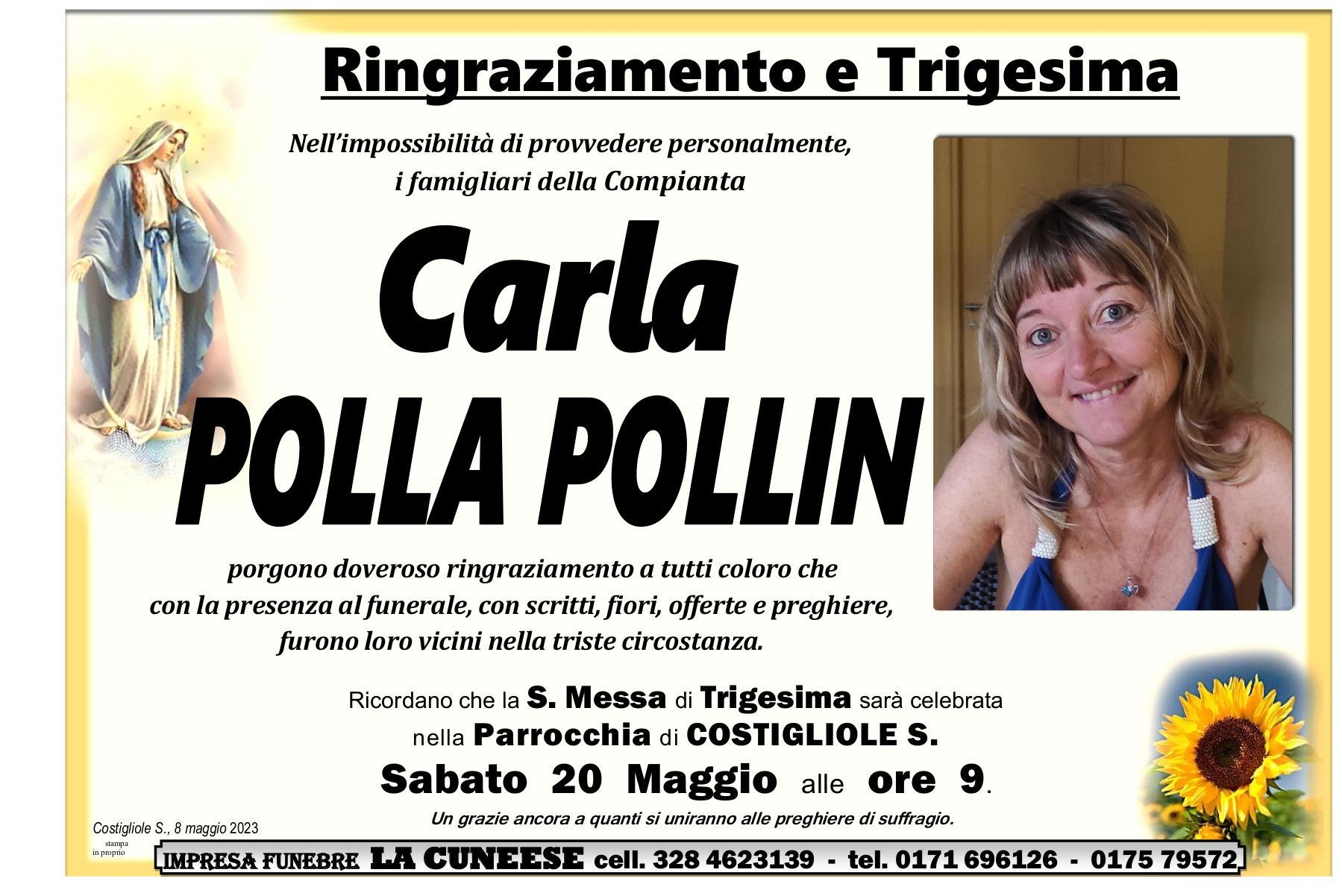 Annuncio commemorativo per Carla Polla Pollin, con foto e dettagli sulla messa trigesima.
