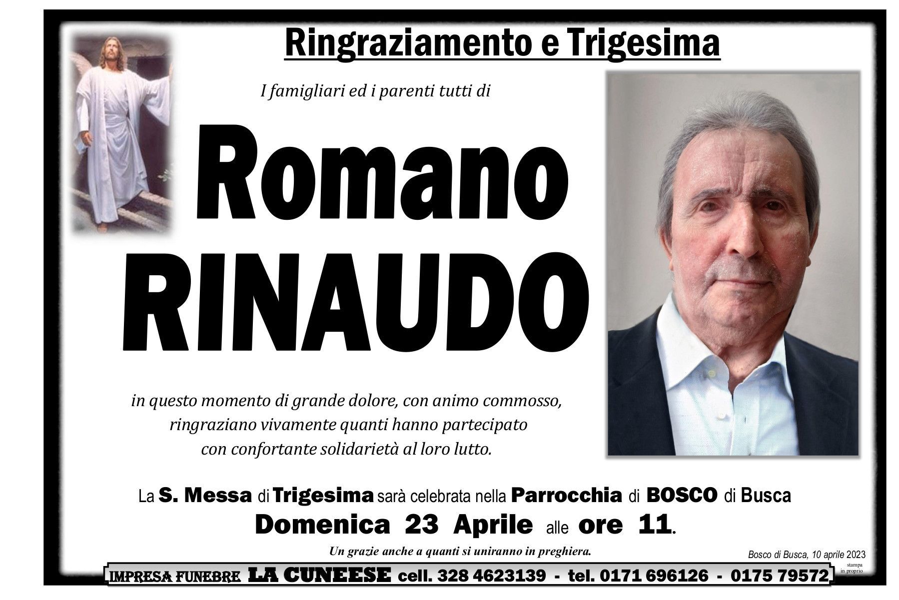 Necrologio di Romano Rinaudo, con foto, data, ora e luogo della cerimonia funebre.