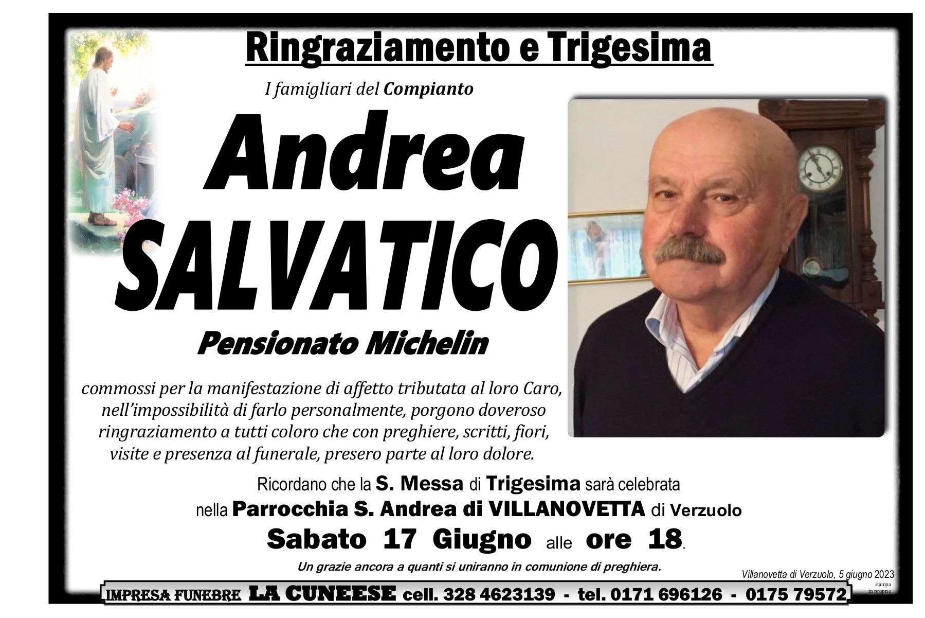 Annuncio funebre per Andrea Salvatico, pensionato Michelin. Include foto e dettagli sulla cerimonia.