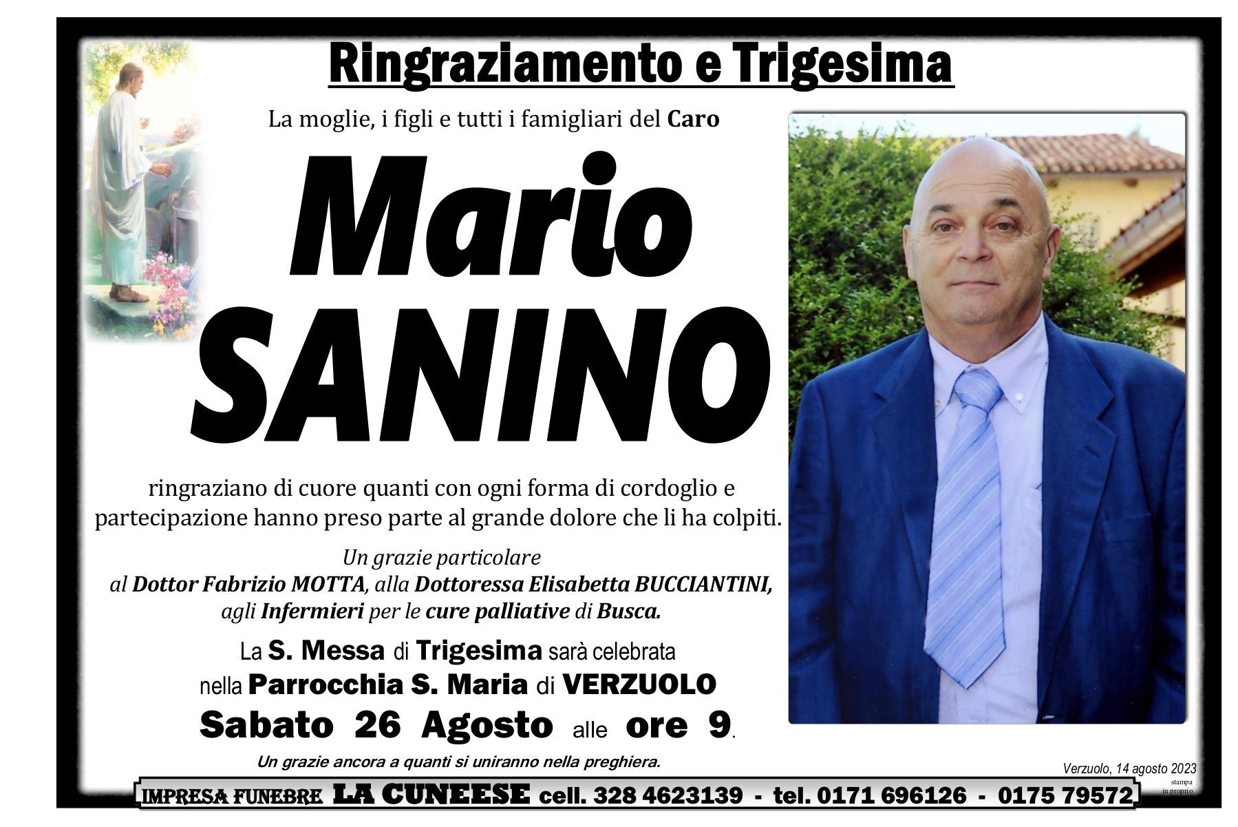 Annuncio funebre per Mario Sanino, con foto e dettagli sulla messa di trigesima.